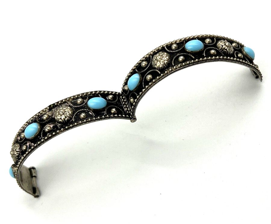 Antique Antique Silver Bangle Bracelet with Czech Turquoise Cabochons