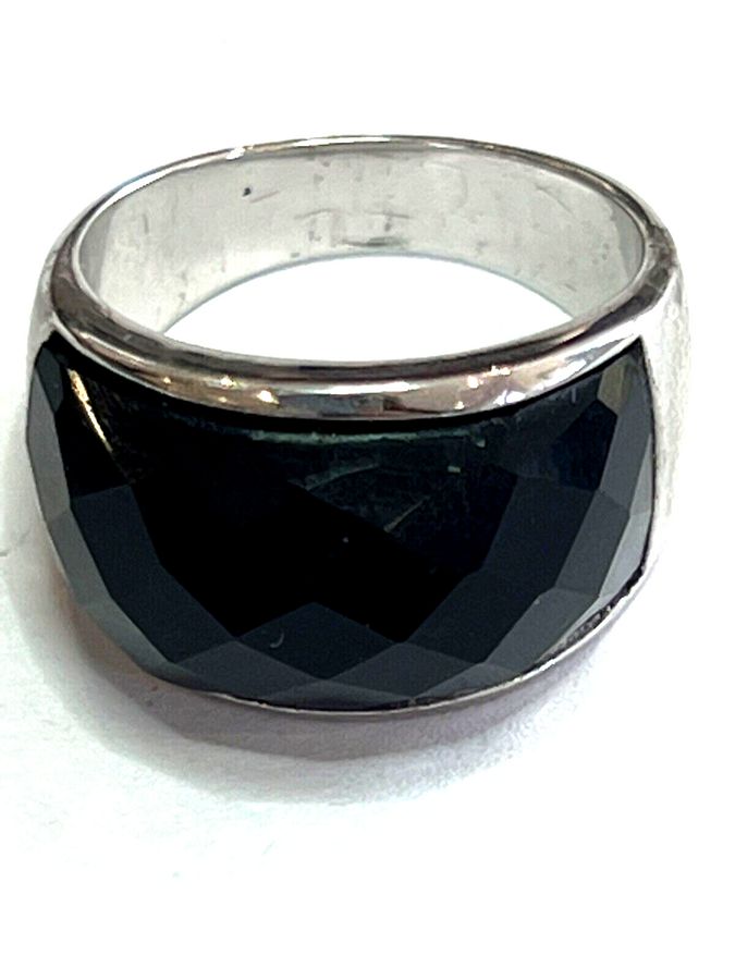 Antique Solid Silver Ring Band Set with Faceted Black Onyx Size N