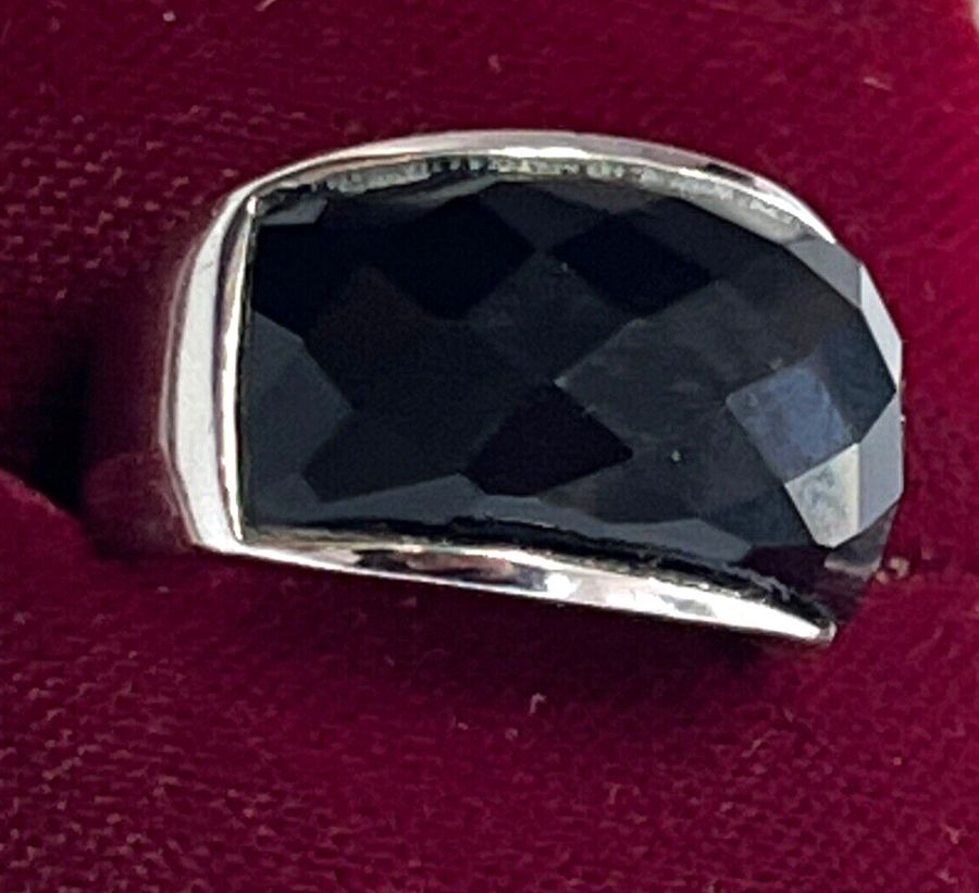 Antique Solid Silver Ring Band Set with Faceted Black Onyx Size N