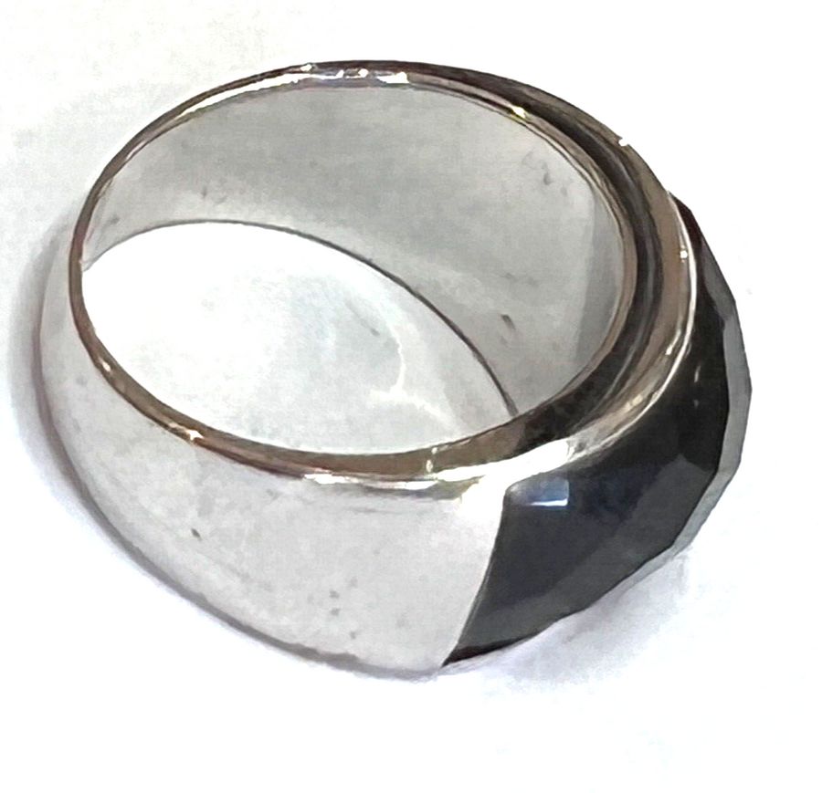 Antique Solid Silver Ring Band Set with Faceted Black Onyx Size N