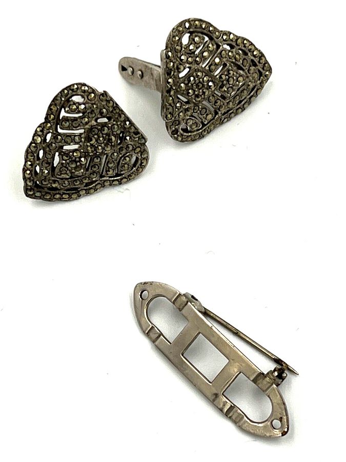 Antique Vintage Art Deco Brooch Pin Dress Clip Marcasite 2 x Detachable  Dress Clips