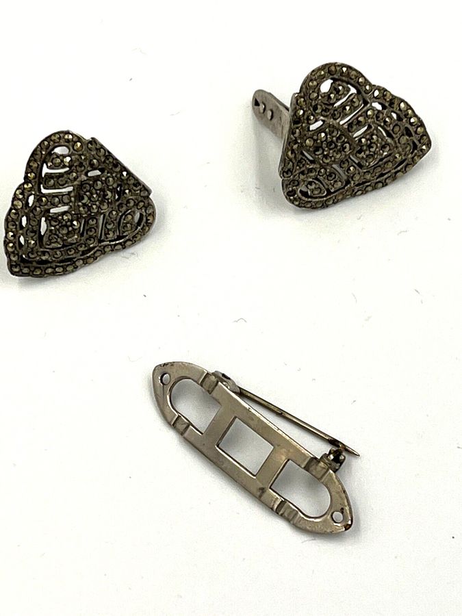 Antique Vintage Art Deco Brooch Pin Dress Clip Marcasite 2 x Detachable  Dress Clips