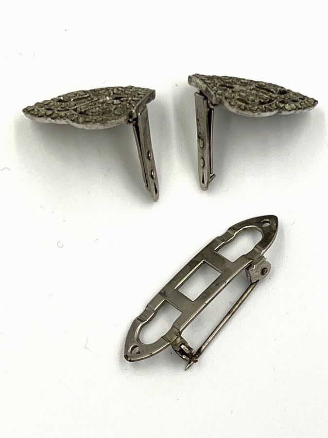 Antique Vintage Art Deco Brooch Pin Dress Clip Marcasite 2 x Detachable  Dress Clips