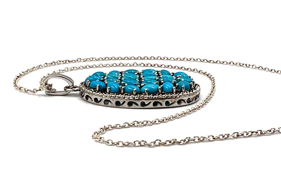 Antique Vintage Silver and Turquoise Large Oval Pendant on Chain