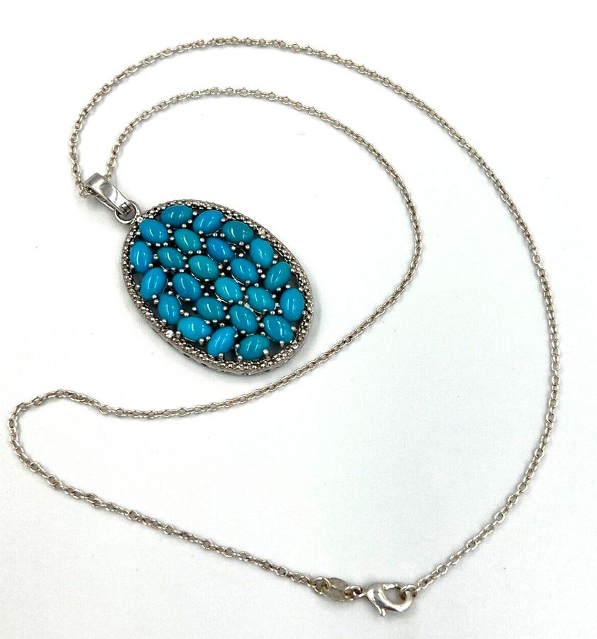 Antique Vintage Silver and Turquoise Large Oval Pendant on Chain