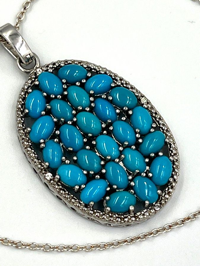 Antique Vintage Silver and Turquoise Large Oval Pendant on Chain