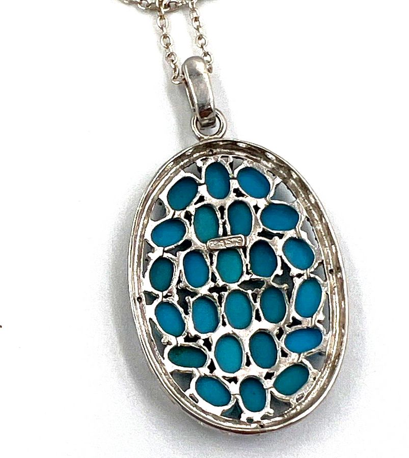 Antique Vintage Silver and Turquoise Large Oval Pendant on Chain