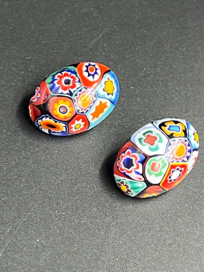 Antique Venetian Glass Cabochon Clip On Earrings Murano Italian Antique Millefiori