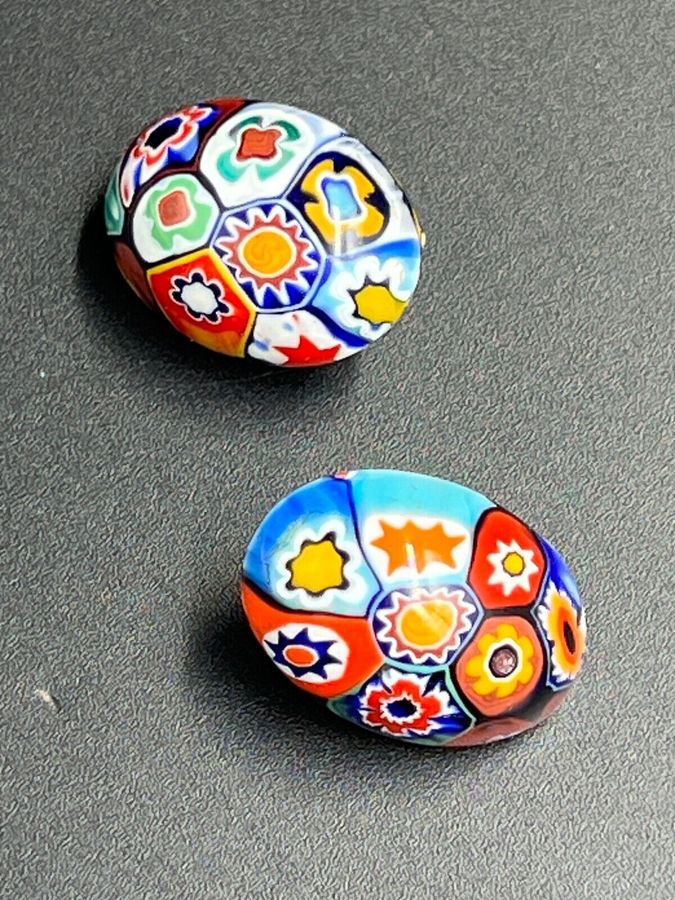 Antique Venetian Glass Cabochon Clip On Earrings Murano Italian Antique Millefiori