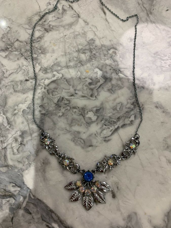 Antique Vintage Art Deco Necklace set with Aurora Borealis Stones and Czech Blue