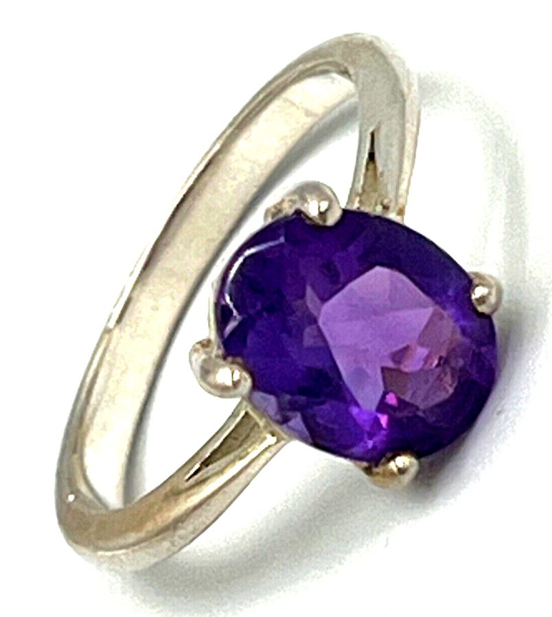 Antique Vintage Sterling Silver Amethyst Ring Size Q Large Solitaire Amethyst