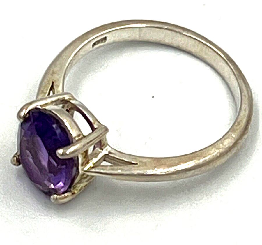 Antique Vintage Sterling Silver Amethyst Ring Size Q Large Solitaire Amethyst