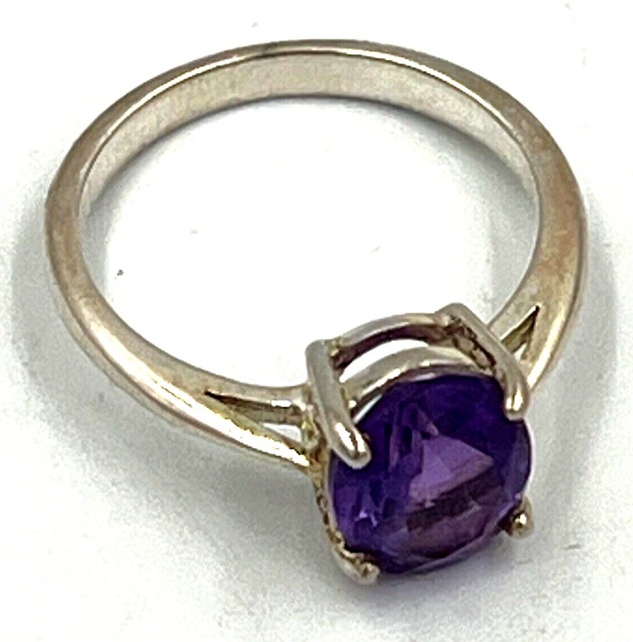 Antique Vintage Sterling Silver Amethyst Ring Size Q Large Solitaire Amethyst