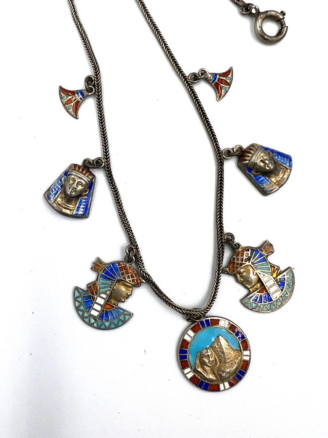 Antique Egyptian Revival Enamelled 800 Silver Necklace Art Deco Pharos Pyramids Antique