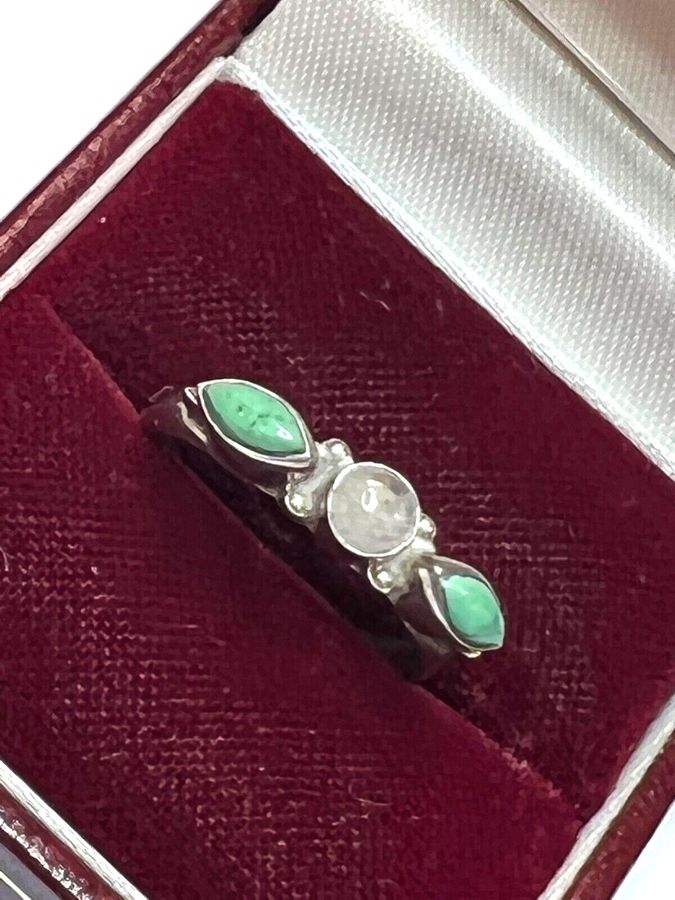 Antique Vintage Solid Silver Turquoise and Moonstone Ring Size O