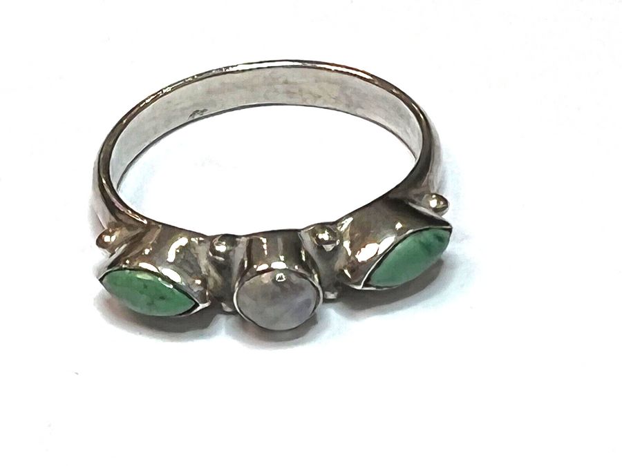 Antique Vintage Solid Silver Turquoise and Moonstone Ring Size O