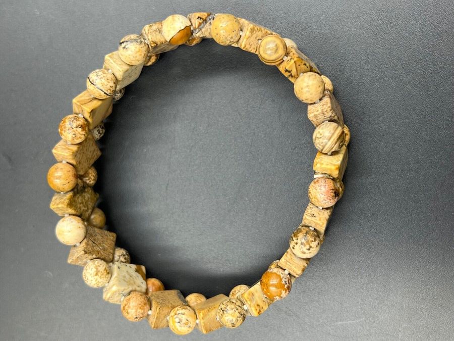 Antique Vintage Natural Agate Bracelet Cuff Carvedl Beads Stretch