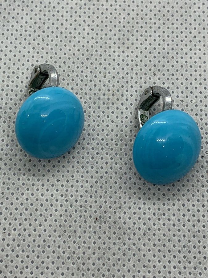 Antique Vintage Art Deco Czech Blue Turquoise Spherical Clip On Earrings