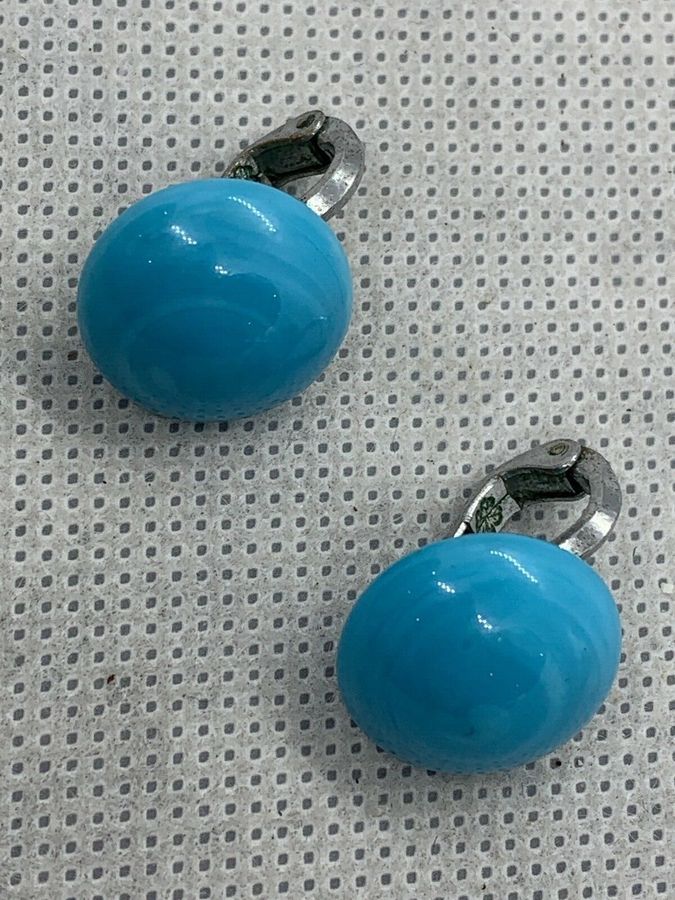 Antique Vintage Art Deco Czech Blue Turquoise Spherical Clip On Earrings