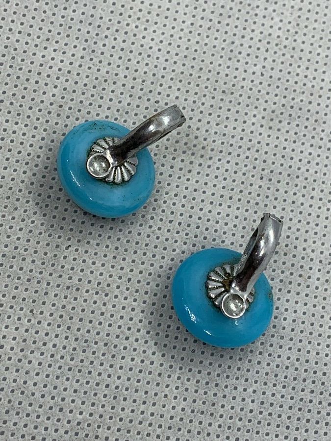 Antique Vintage Art Deco Czech Blue Turquoise Spherical Clip On Earrings