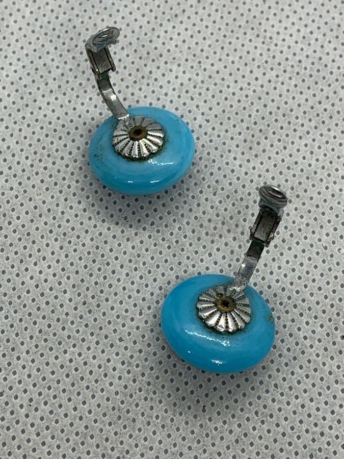 Antique Vintage Art Deco Czech Blue Turquoise Spherical Clip On Earrings