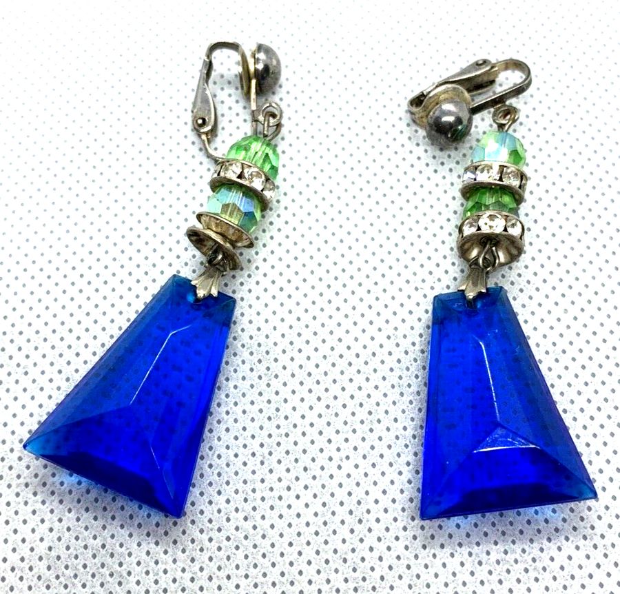 Antique Vintage Art Deco Czech Blue & Green Dangly Earrings 1920s Facet Cut Clip On