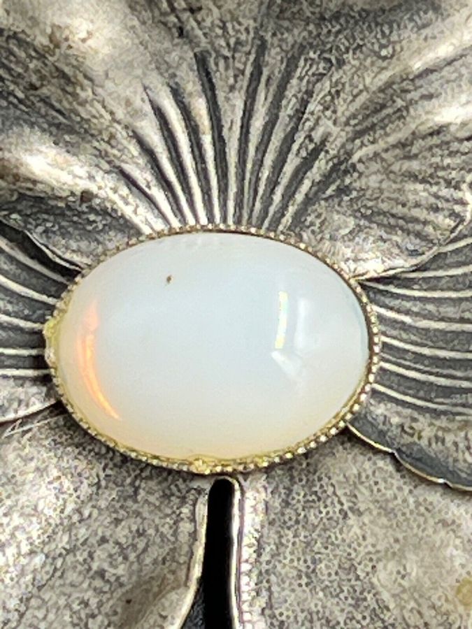 Antique Vintage Art Deco Solid Silver Large Brooch Set with Cabochon Czech Milk Glass