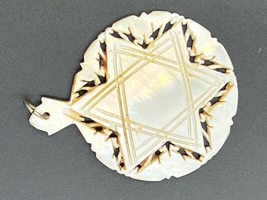 Antique Antique Victorian Hand Carved Pendant Mother of Pearl Star of David