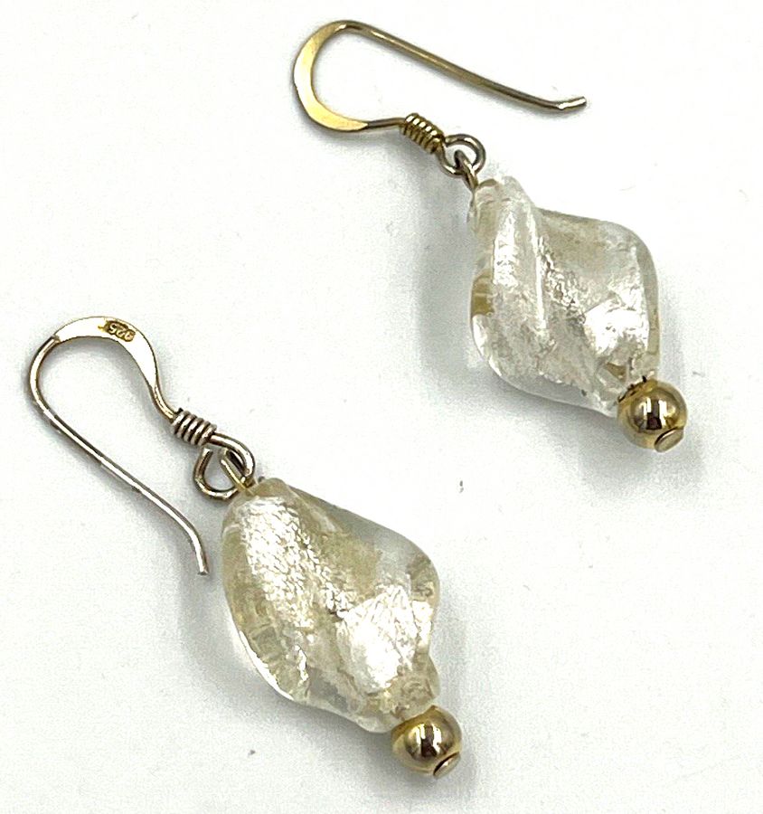 Antique Antique Art Deco Silver Gilt Drop Earrings Venetian Glass 1920s Pierced Ears