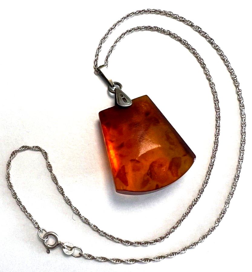 Antique Natural Amber Pendant Silver Mount and Silver Chain Hallmarked Antique Art Deco