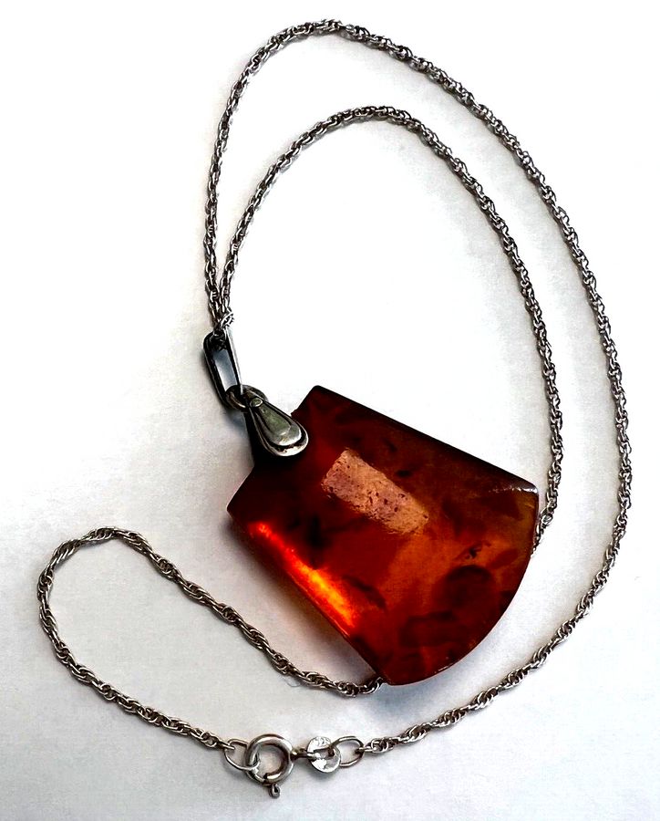 Antique Natural Amber Pendant Silver Mount and Silver Chain Hallmarked Antique Art Deco