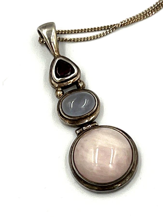 Antique Vintage Moonstone Rose Quartz & Amethyst Solid Silver Pendant & Chain Hallmarked