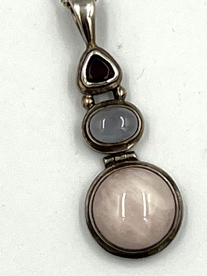 Antique Vintage Moonstone Rose Quartz & Amethyst Solid Silver Pendant & Chain Hallmarked