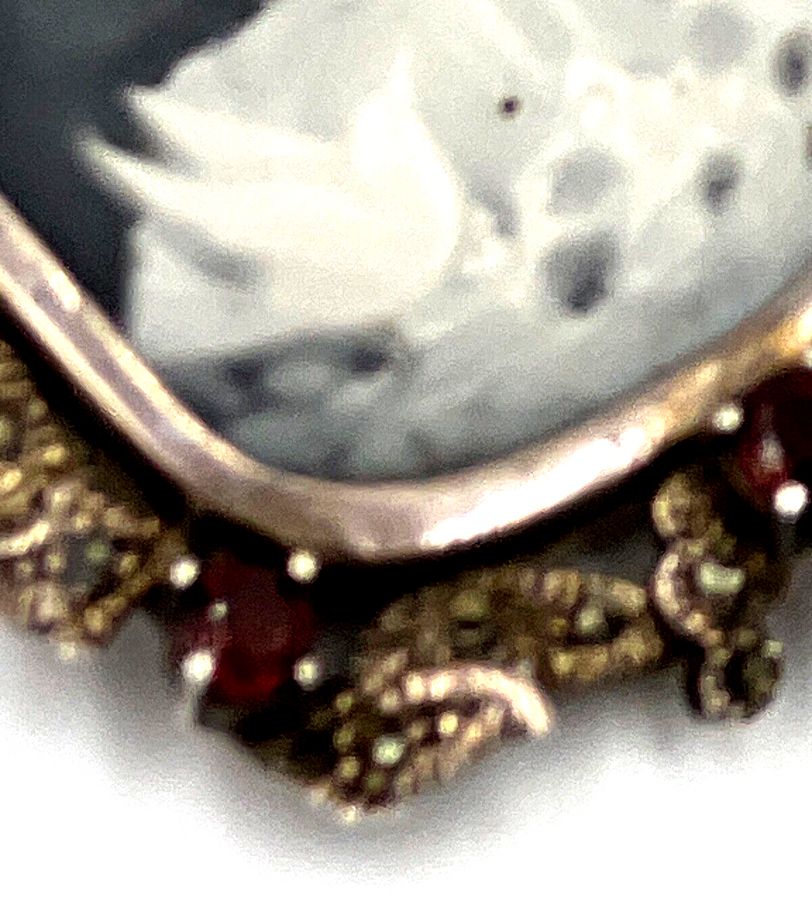 Antique Vintage Very Large Solid Silver Agate Cameo Pendant Set with Garnets & Marcasite