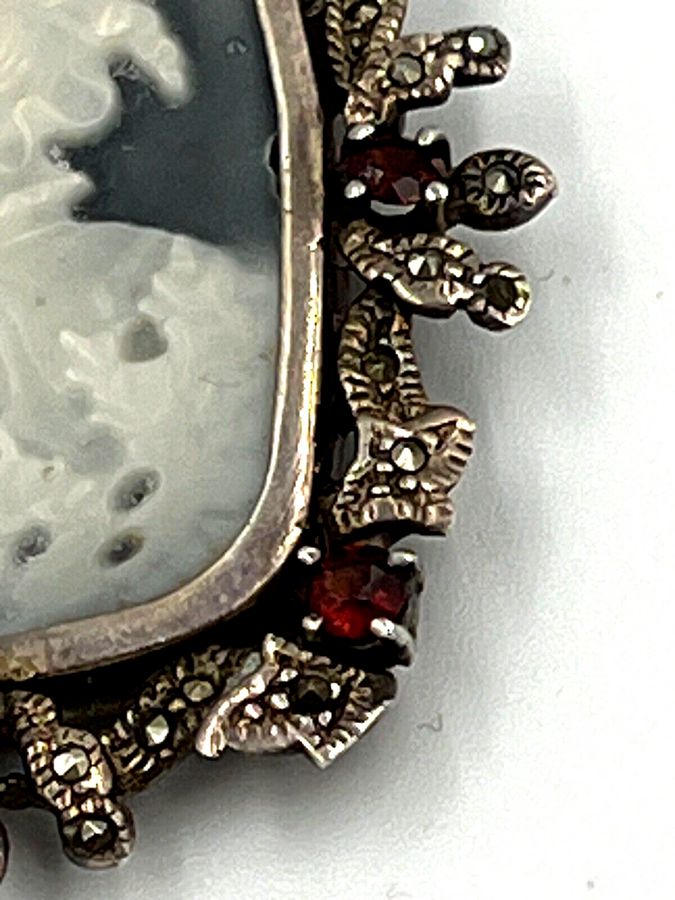 Antique Vintage Very Large Solid Silver Agate Cameo Pendant Set with Garnets & Marcasite