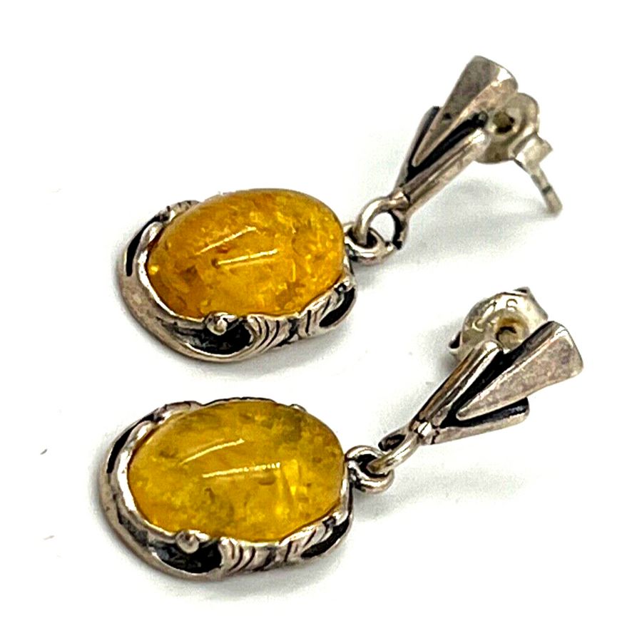 Antique Antique Sterling Silver  Natural Yellow Amber Cabochon Drop Earrings Art Deco