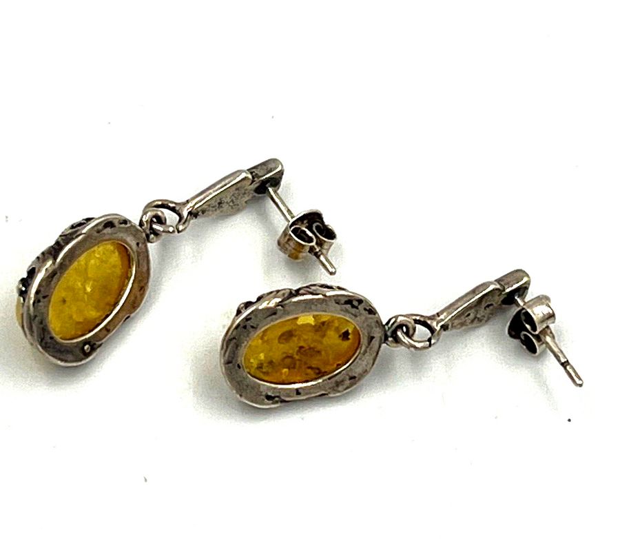 Antique Antique Sterling Silver  Natural Yellow Amber Cabochon Drop Earrings Art Deco