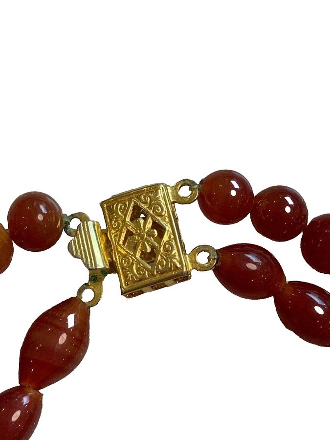 Antique Red Jade  double string Necklace Silver Gilt Clasp Superb