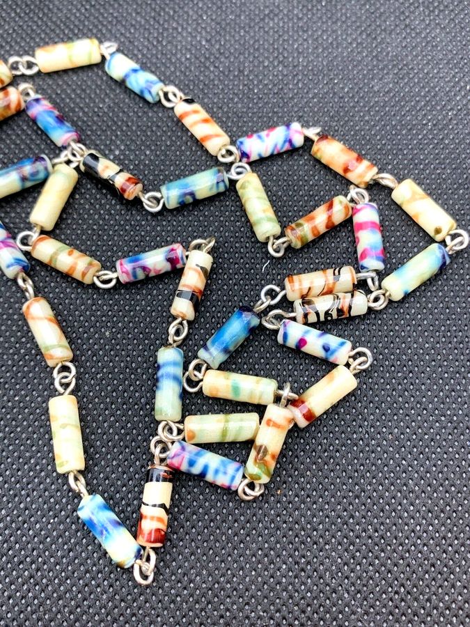 Antique Antique Art Deco Bakelite Long Flapper Necklace Hand Painted