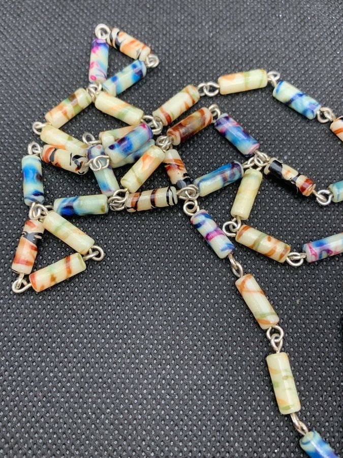 Antique Antique Art Deco Bakelite Long Flapper Necklace Hand Painted