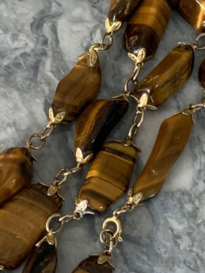 Antique Antique Vintage Art Deco Natural Tiger Eye Polished Necklace Choker