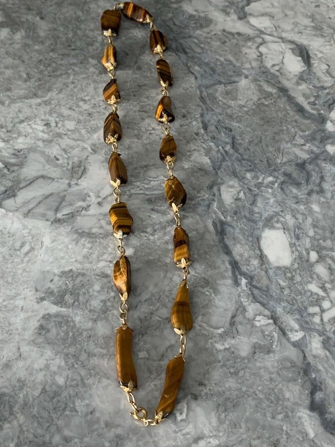 Antique Antique Vintage Art Deco Natural Tiger Eye Polished Necklace Choker