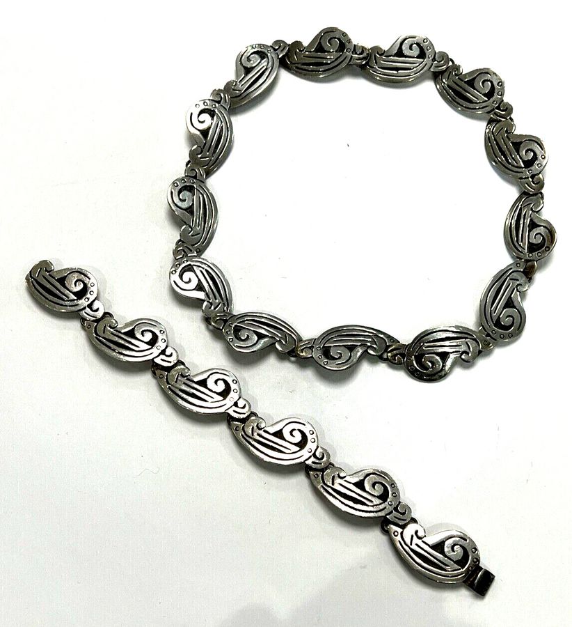 Antique Vintage Taxco Mexico 1950s Solid Silver Necklace and Bracelet Set Hallmarked