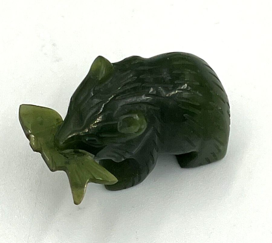 Antique 4 Antique Chinese Jade Hand Carved Animals Bear Holding Fish Kiwi Possum Penguin