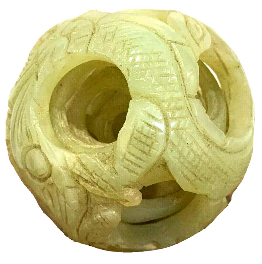 Antique Chinese Celadon Jade  Carved Puzzle Ball Dragon and Pearl