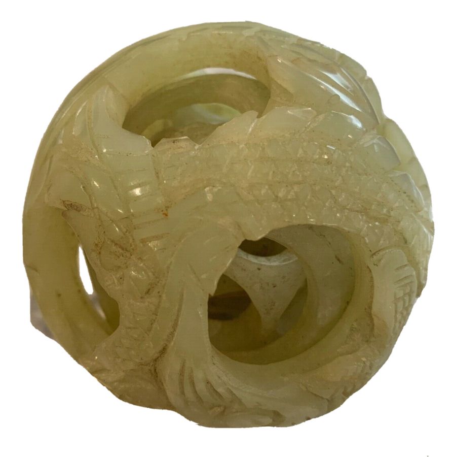 Antique Chinese Celadon Jade  Carved Puzzle Ball Dragon and Pearl