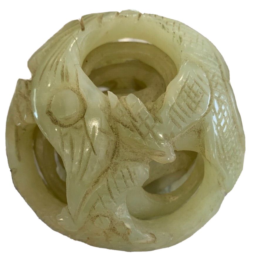 Antique Chinese Celadon Jade  Carved Puzzle Ball Dragon and Pearl