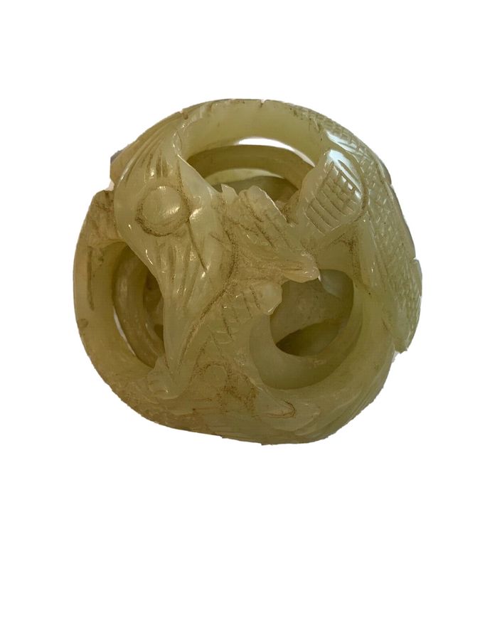 Antique Chinese Celadon Jade  Carved Puzzle Ball Dragon and Pearl