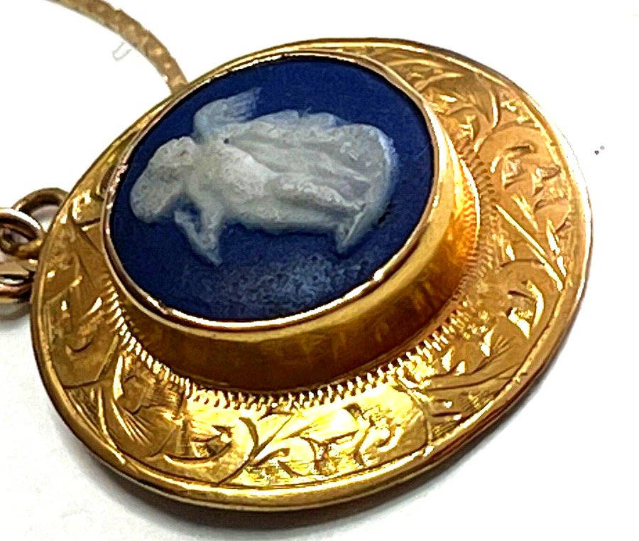 Antique Antique High Carat Gold Pendant Wedgwood Putti Cameo Hallmarked  9CT Gold Chain