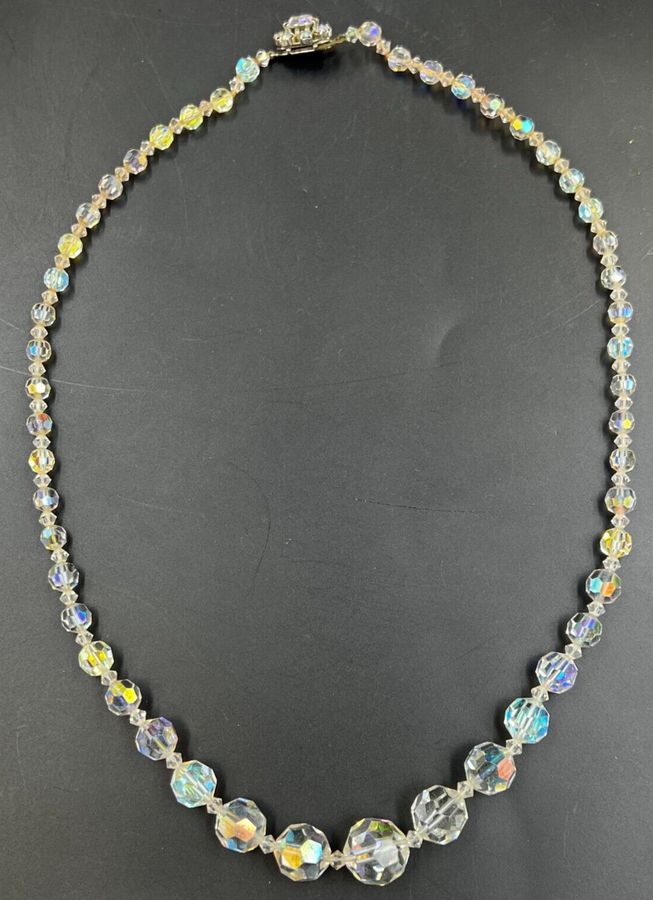 Antique Vintage Art Deco Czech Crystal Aurora Borealis Necklace Graduated Facet Cut